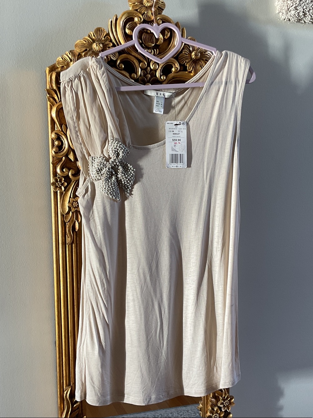 Mango Pearl Bow Sleeveless Tank Top in Light Beige